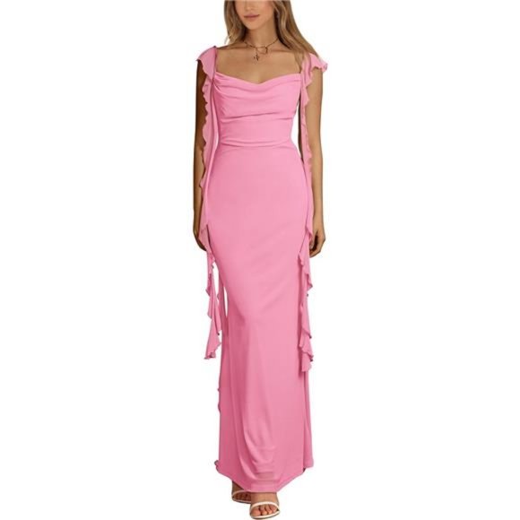 Long Formal Wedding Guest Dress Sleeveless Ruffle Cocktail Party Maxi Bodycon - Picture 1 of 7